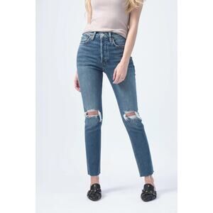 RE/DONE Originals 90s High Rise Ankle Crop Button Fly Jeans Dusk Destroy Size 25